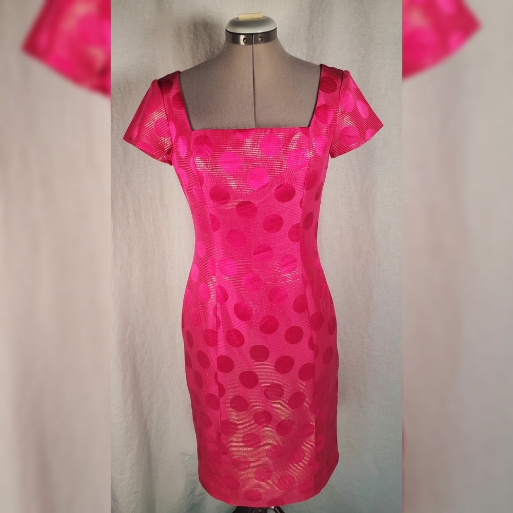 Pink Polka Dot Metalic Gold Silk Vtg Dress XS